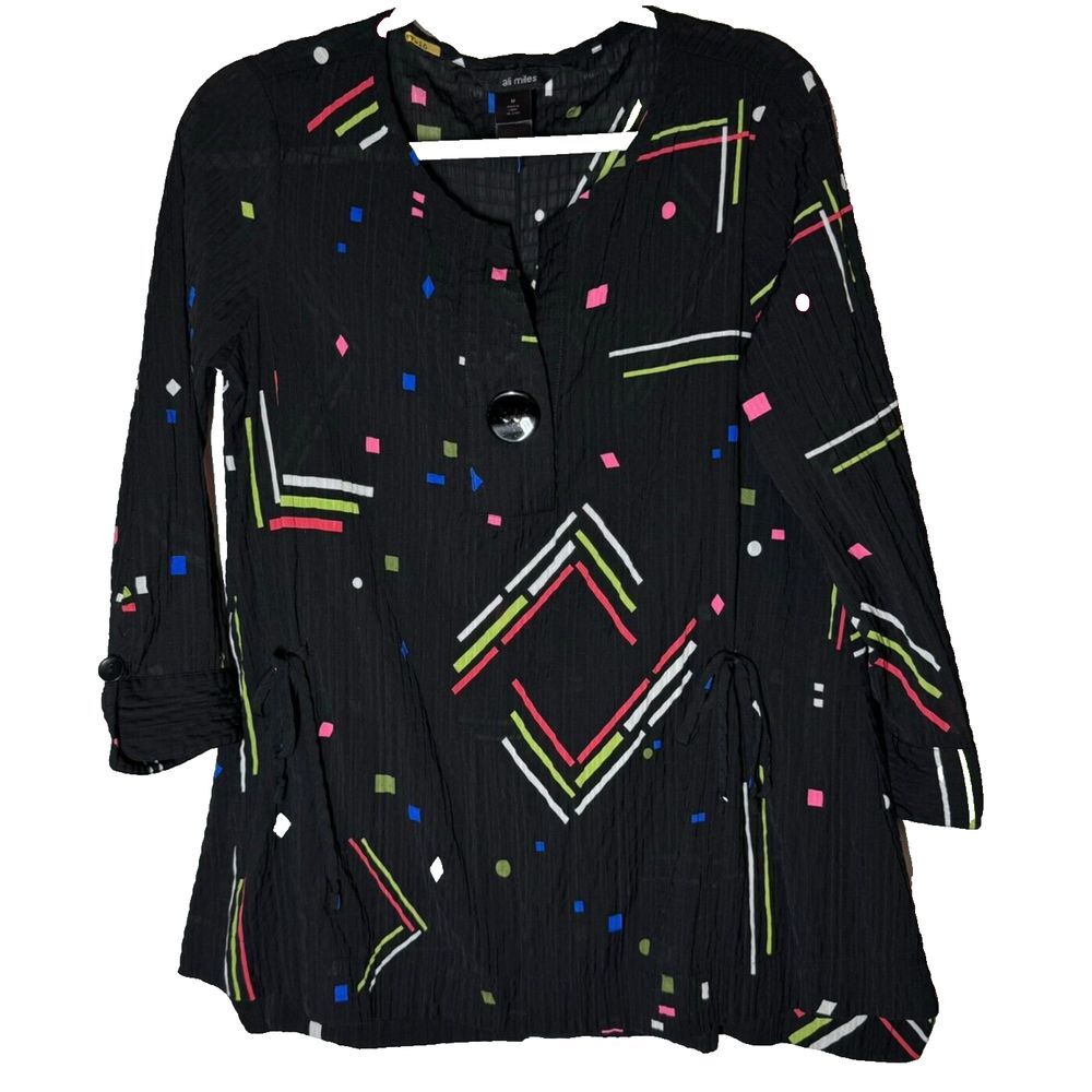 Ali Miles Tunic Shirt Sz S Black Colorful Geometric Gauze Textured‎ Art Artsy